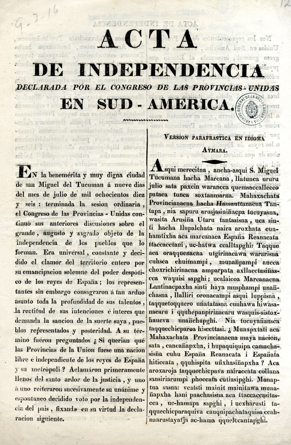 Acta de la declaración Independencia de las Provincias Unidas del Sur en español